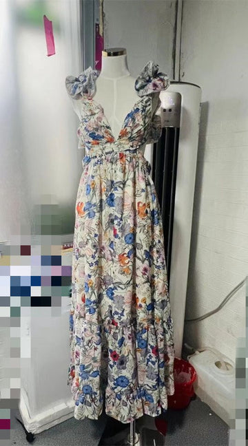 2024 Holiday Windwood Ear Sleeveless Back Cross-Lace Sexy Dew Chopped Flower Chiffon Skirt Long Dress